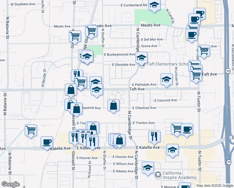 map of restaurants, bars, coffee shops, grocery stores, and more near 700 East Taft Avenue in Orange