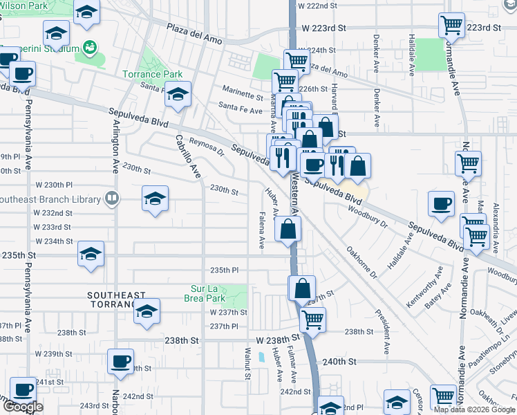 map of restaurants, bars, coffee shops, grocery stores, and more near 23127 Falena Avenue in Torrance