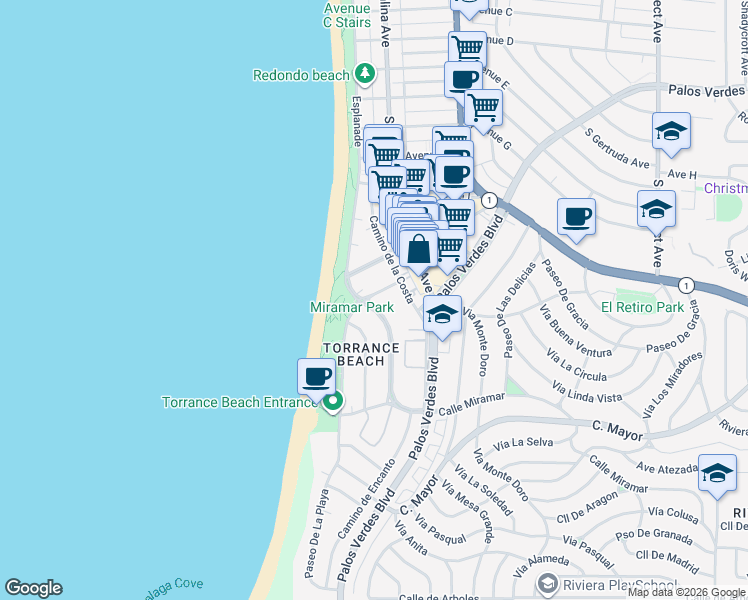map of restaurants, bars, coffee shops, grocery stores, and more near 100 Paseo De La Playa in Redondo Beach