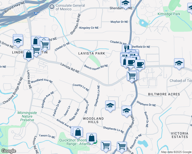 map of restaurants, bars, coffee shops, grocery stores, and more near 1476 Lavista Road Northeast in Atlanta