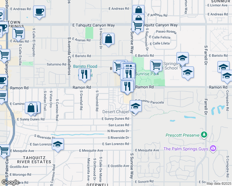 map of restaurants, bars, coffee shops, grocery stores, and more near 89 Big Chief Street in Palm Springs