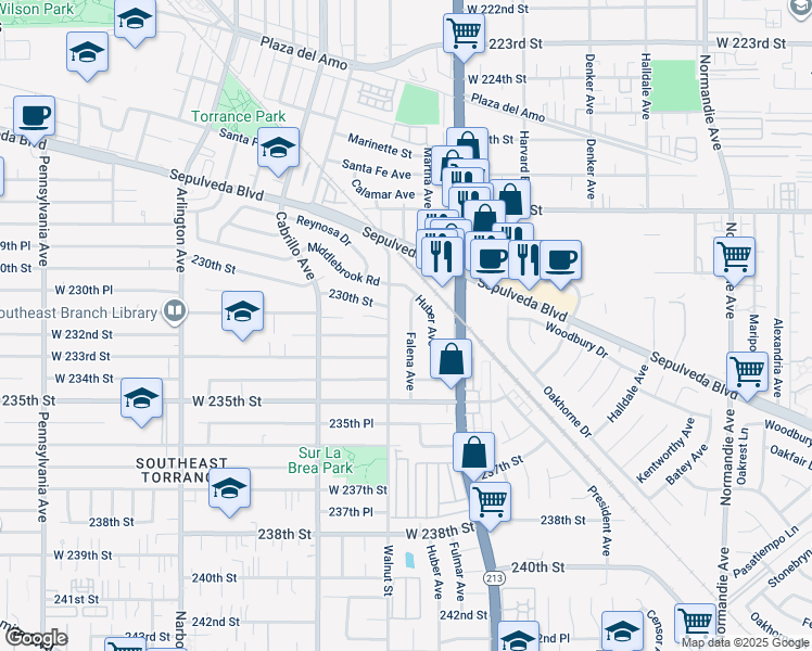 map of restaurants, bars, coffee shops, grocery stores, and more near 23127 Falena Avenue in Torrance
