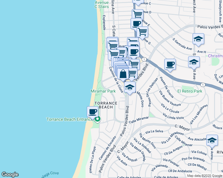 map of restaurants, bars, coffee shops, grocery stores, and more near 100 Paseo De La Playa in Redondo Beach