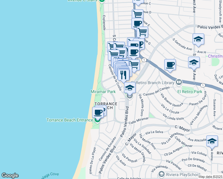 map of restaurants, bars, coffee shops, grocery stores, and more near 102 Paseo De La Playa in Redondo Beach