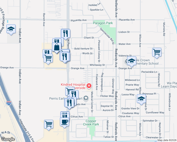 map of restaurants, bars, coffee shops, grocery stores, and more near 159 Linden Court in Perris