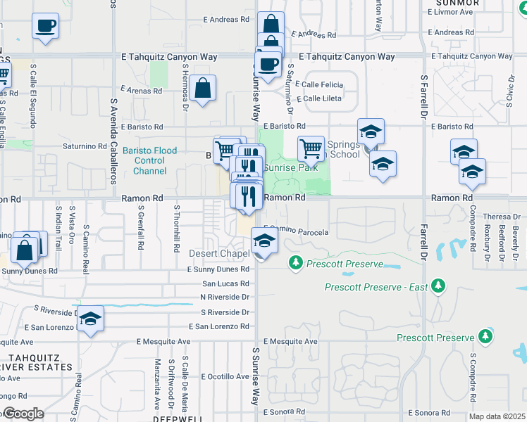map of restaurants, bars, coffee shops, grocery stores, and more near 506 South Sunrise Way in Palm Springs