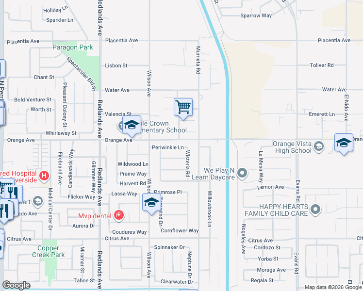 map of restaurants, bars, coffee shops, grocery stores, and more near 733 Albizia Court in Perris