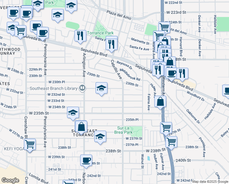map of restaurants, bars, coffee shops, grocery stores, and more near 2032 231st Street in Torrance