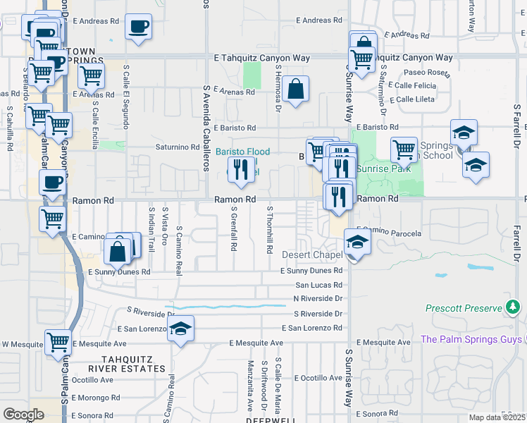 map of restaurants, bars, coffee shops, grocery stores, and more near 1268 Ramon Road in Palm Springs