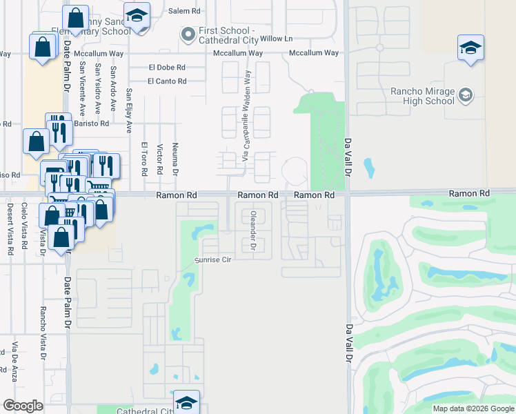 map of restaurants, bars, coffee shops, grocery stores, and more near 69411 Ramon Road in Cathedral City