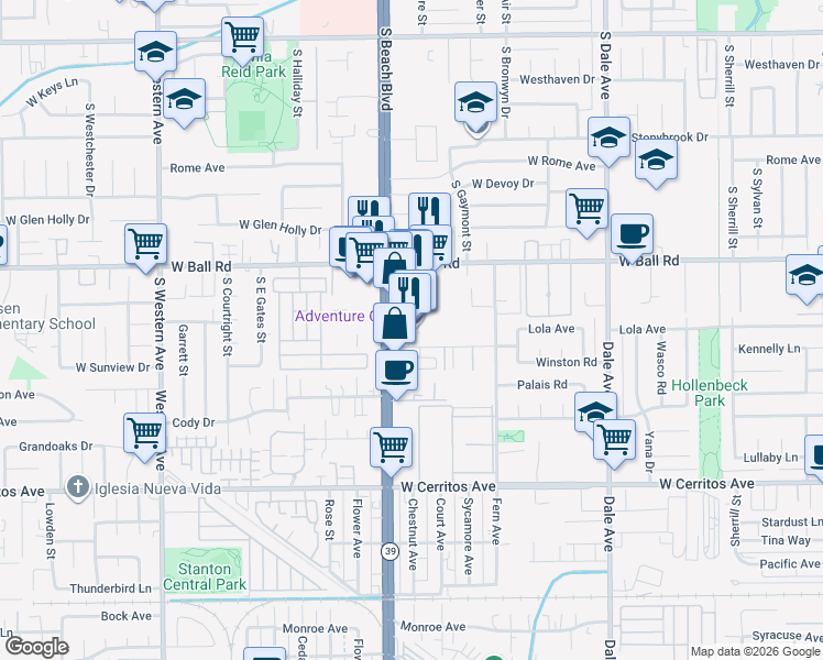 map of restaurants, bars, coffee shops, grocery stores, and more near 1238 South Beach Boulevard in Anaheim