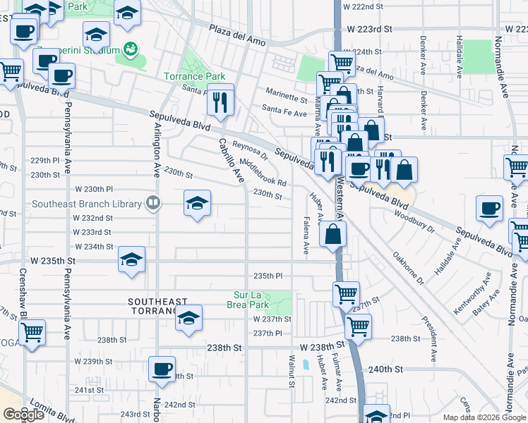 map of restaurants, bars, coffee shops, grocery stores, and more near 1956 West 231st Street in Torrance