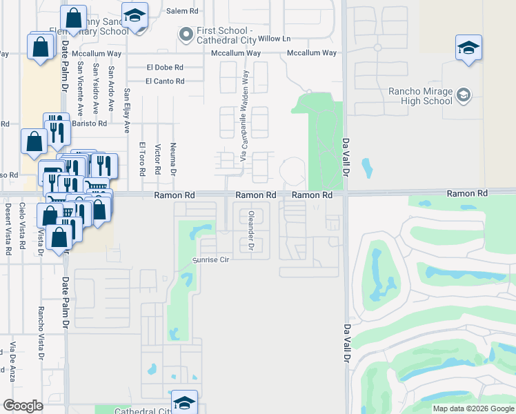 map of restaurants, bars, coffee shops, grocery stores, and more near 69411 Ramon Road in Cathedral City