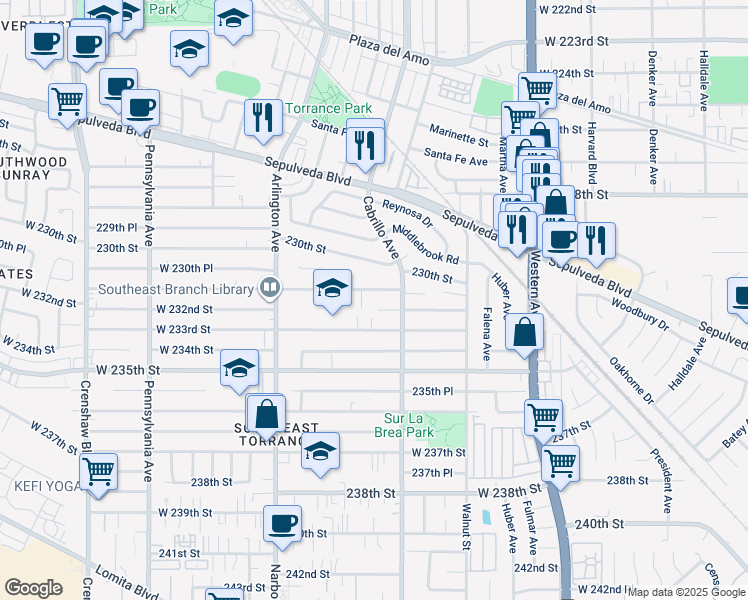 map of restaurants, bars, coffee shops, grocery stores, and more near 2032 231st Street in Torrance