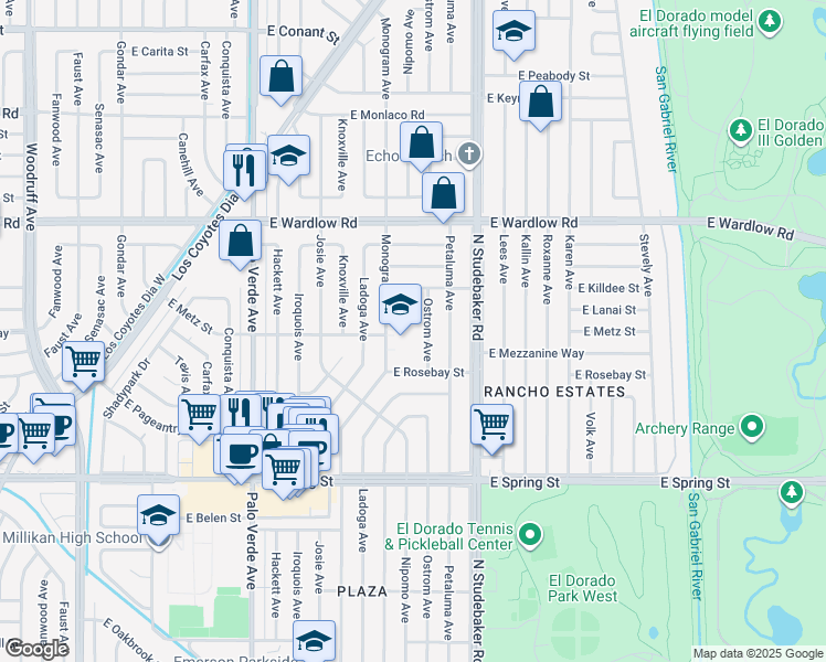 map of restaurants, bars, coffee shops, grocery stores, and more near 3200 Monogram Avenue in Long Beach