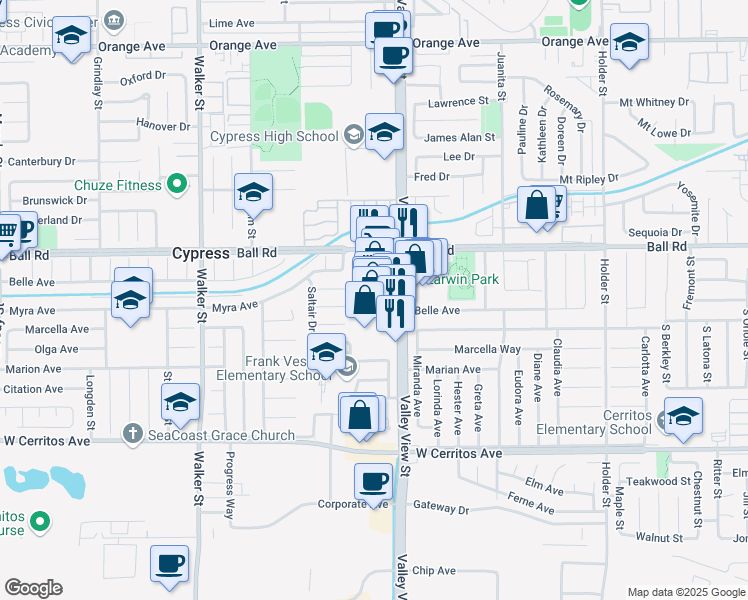 map of restaurants, bars, coffee shops, grocery stores, and more near 10111 Valley View Street in Cypress