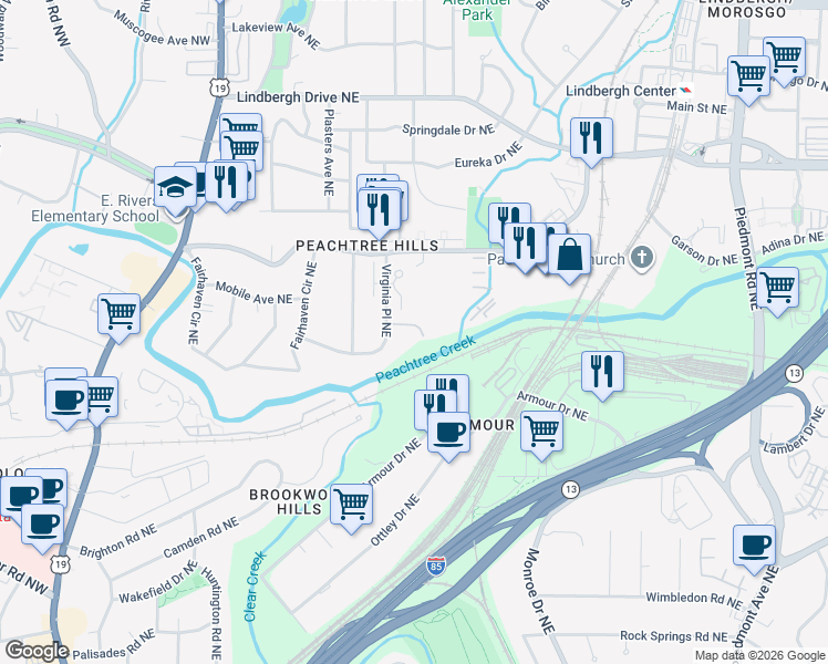map of restaurants, bars, coffee shops, grocery stores, and more near 233 Kinsey Court Northeast in Atlanta