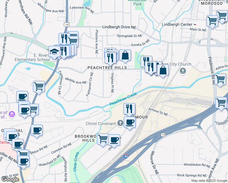 map of restaurants, bars, coffee shops, grocery stores, and more near 2217 Virginia Place Northeast in Atlanta