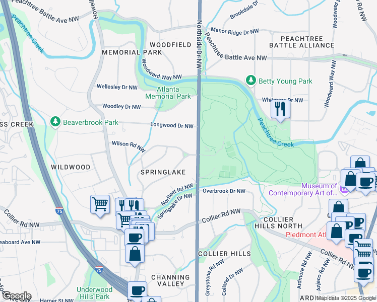 map of restaurants, bars, coffee shops, grocery stores, and more near 615 Wilson Road Northwest in Atlanta