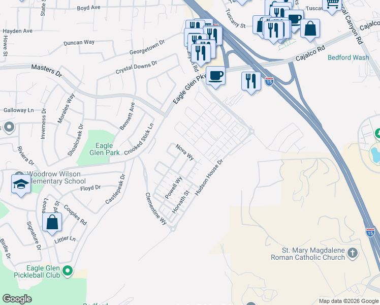 map of restaurants, bars, coffee shops, grocery stores, and more near 2454 Nova Way in Corona
