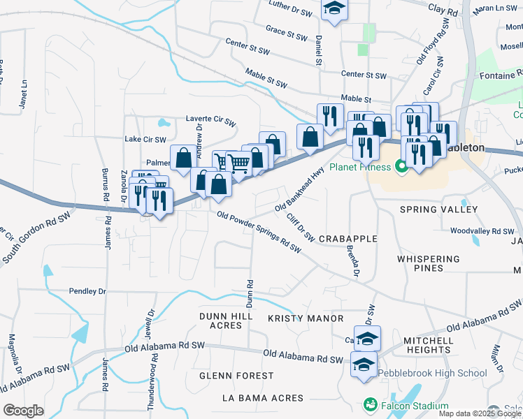 map of restaurants, bars, coffee shops, grocery stores, and more near 5641 Hislop Lane in Mableton