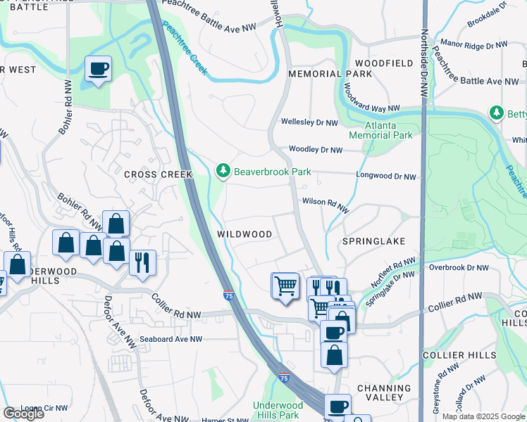 map of restaurants, bars, coffee shops, grocery stores, and more near 891 Glenbrook Drive Northwest in Atlanta