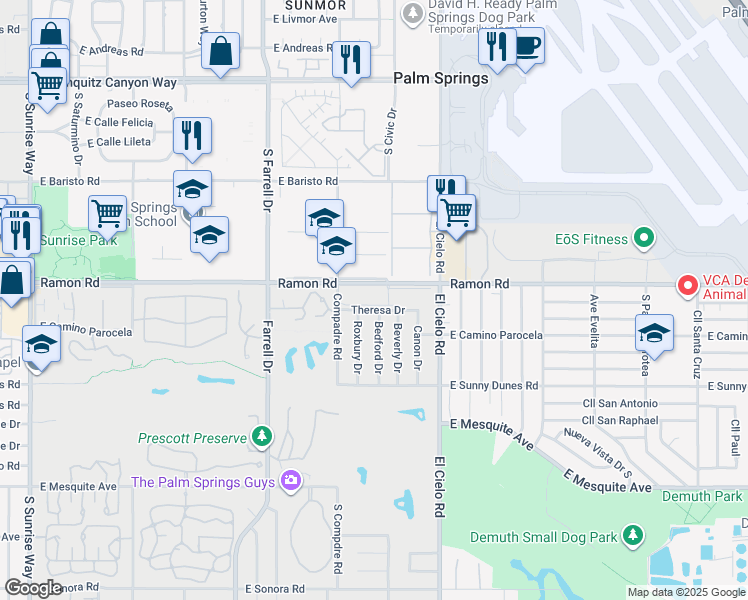 map of restaurants, bars, coffee shops, grocery stores, and more near 3155 Ramon Road in Palm Springs