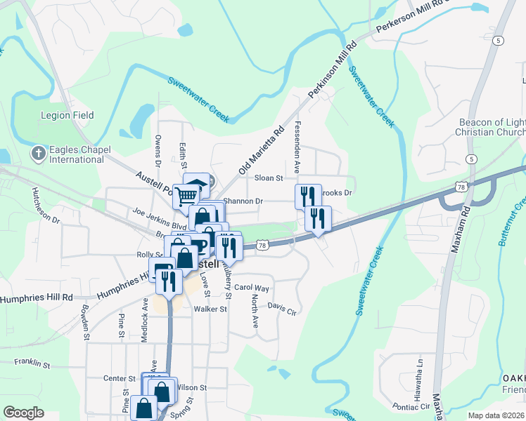 map of restaurants, bars, coffee shops, grocery stores, and more near 2606 Shannon Drive in Austell