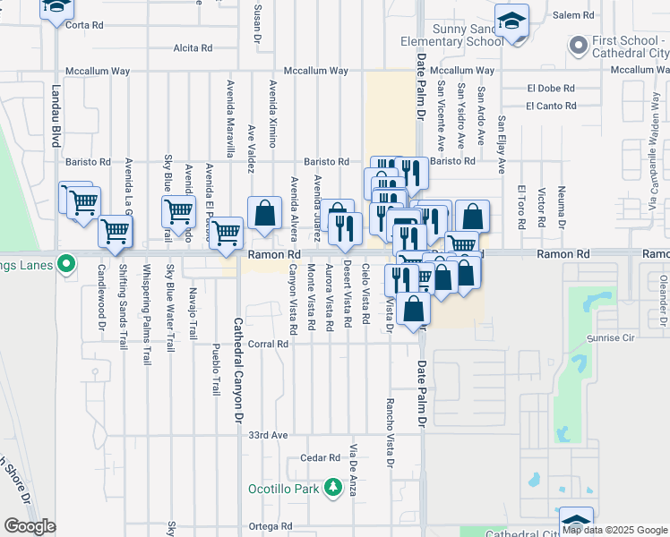 map of restaurants, bars, coffee shops, grocery stores, and more near 32100 Aurora Vista Road in Cathedral City