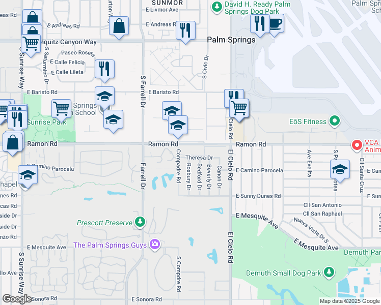 map of restaurants, bars, coffee shops, grocery stores, and more near 2900 Ramon Road in Palm Springs