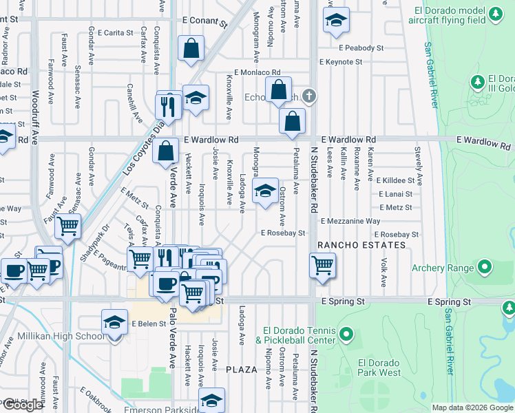 map of restaurants, bars, coffee shops, grocery stores, and more near 3200 Monogram Avenue in Long Beach
