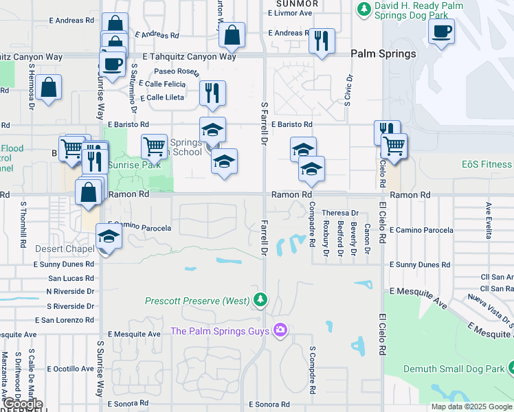 map of restaurants, bars, coffee shops, grocery stores, and more near in Palm Springs