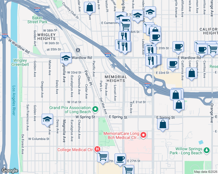 map of restaurants, bars, coffee shops, grocery stores, and more near in Long Beach