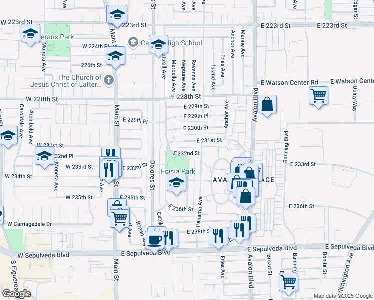 map of restaurants, bars, coffee shops, grocery stores, and more near 363 East 231st Street in Carson