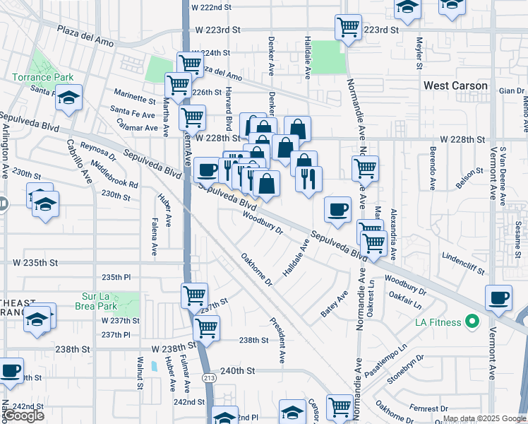 map of restaurants, bars, coffee shops, grocery stores, and more near 22930 Lockness Avenue in Torrance