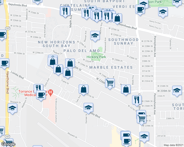 map of restaurants, bars, coffee shops, grocery stores, and more near 23408 Juniper Avenue in Torrance