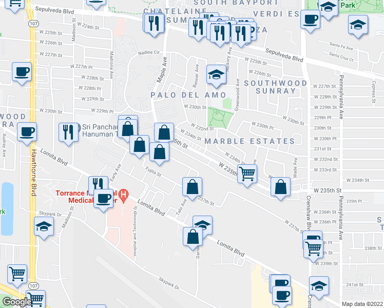 map of restaurants, bars, coffee shops, grocery stores, and more near 2887 West 235th Street in Torrance