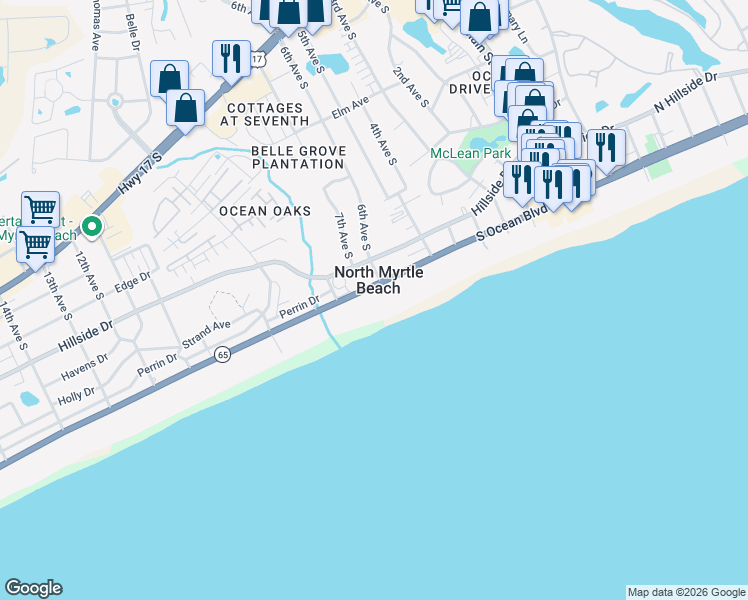 map of restaurants, bars, coffee shops, grocery stores, and more near in North Myrtle Beach