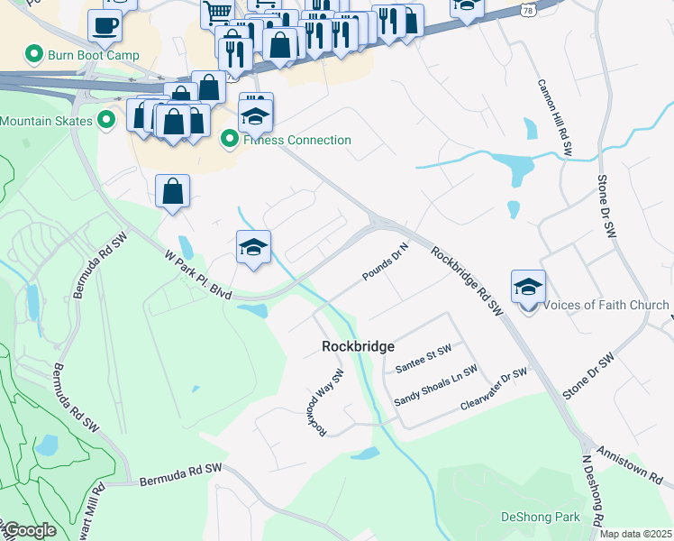 map of restaurants, bars, coffee shops, grocery stores, and more near 2425 West Park Place Boulevard in Stone Mountain