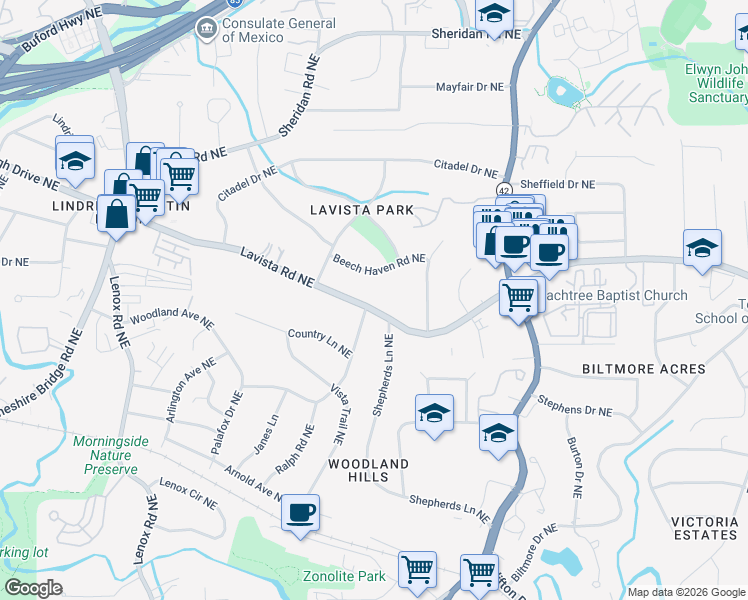 map of restaurants, bars, coffee shops, grocery stores, and more near 1474 Lavista Road Northeast in Atlanta