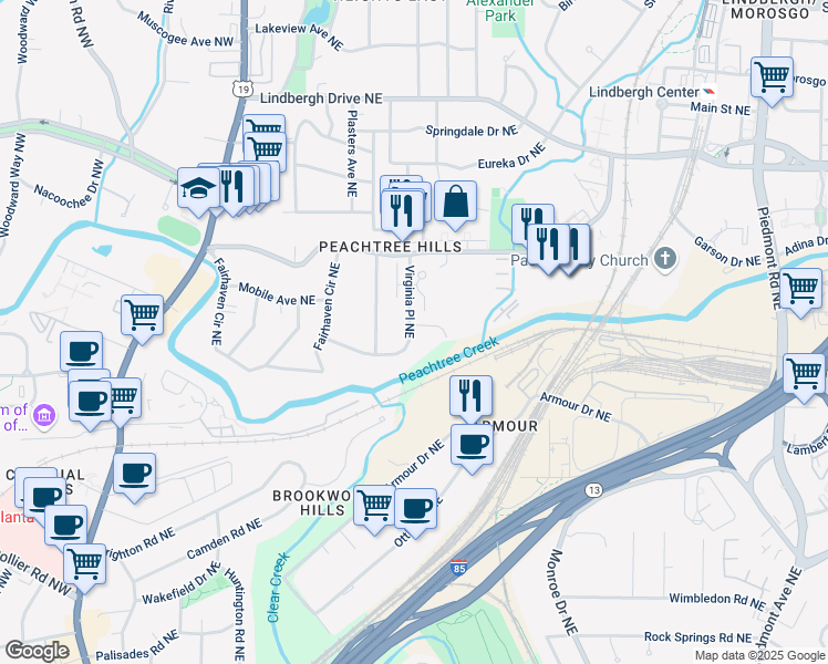 map of restaurants, bars, coffee shops, grocery stores, and more near 2217 Virginia Place Northeast in Atlanta