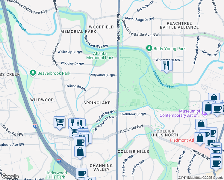 map of restaurants, bars, coffee shops, grocery stores, and more near 615 Wilson Road Northwest in Atlanta