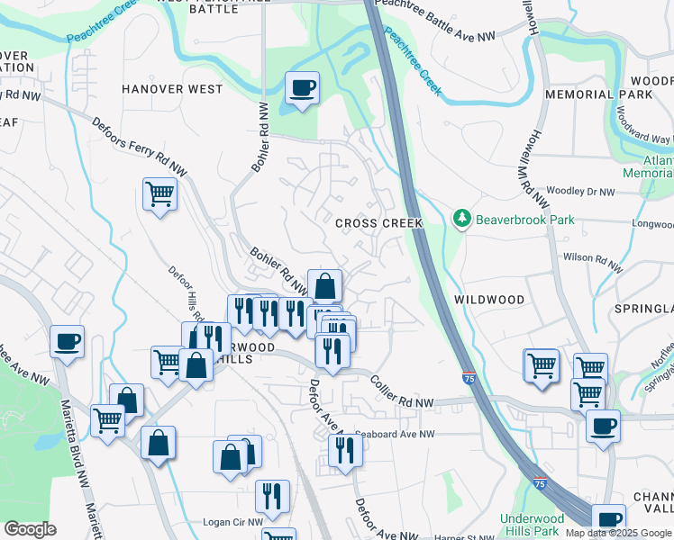 map of restaurants, bars, coffee shops, grocery stores, and more near 2605 Noble Creek Drive Northwest in Atlanta