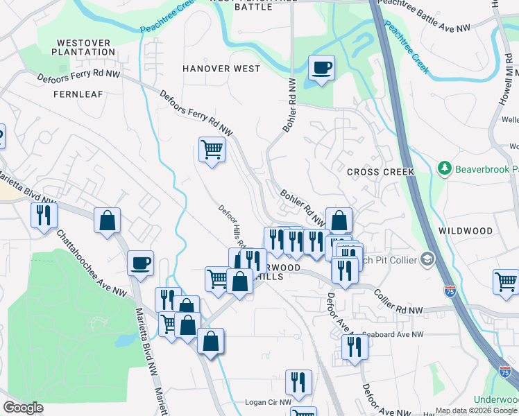 map of restaurants, bars, coffee shops, grocery stores, and more near 2160 Hills Avenue Northwest in Atlanta