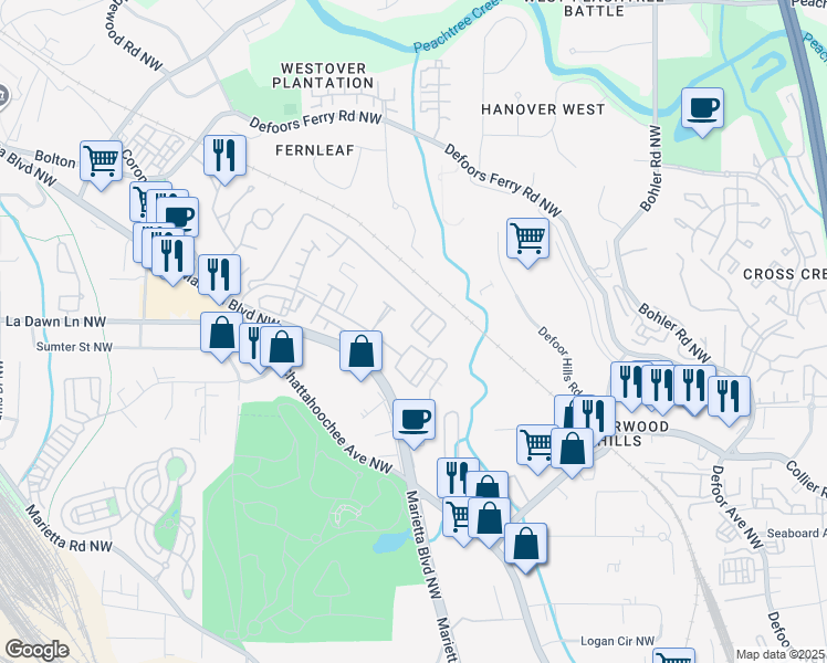 map of restaurants, bars, coffee shops, grocery stores, and more near 3002 Liberty Way Northwest in Atlanta
