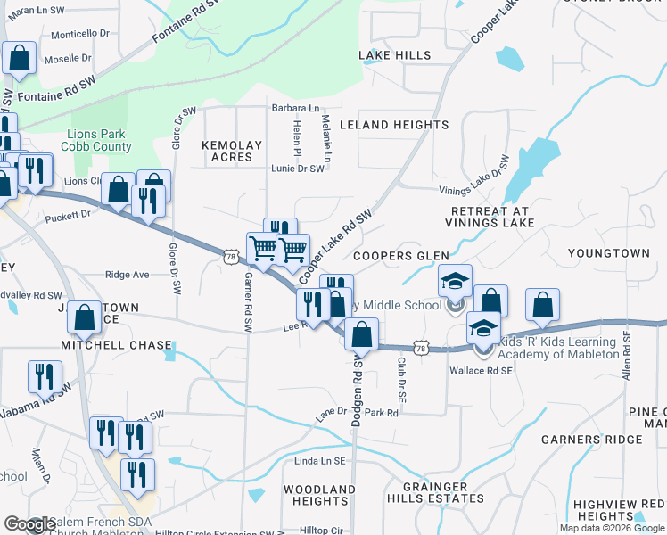 map of restaurants, bars, coffee shops, grocery stores, and more near 30 Cooper Lake Road Southwest in Mableton
