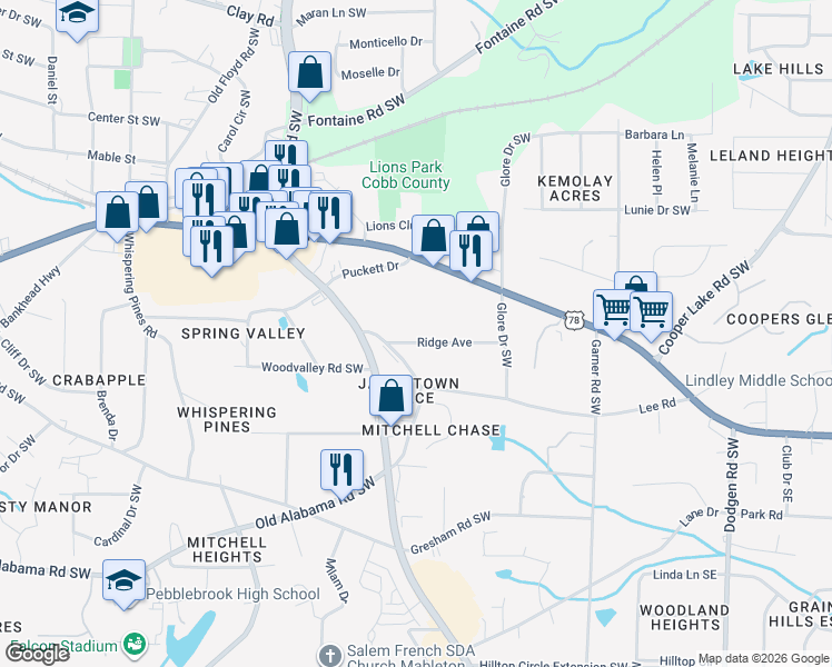 map of restaurants, bars, coffee shops, grocery stores, and more near 568 Ridge Avenue in Mableton