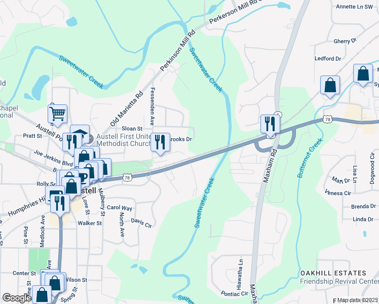 map of restaurants, bars, coffee shops, grocery stores, and more near 2431 Brooks Drive in Austell