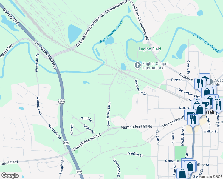 map of restaurants, bars, coffee shops, grocery stores, and more near 5743 Joe Jerkins Boulevard in Austell