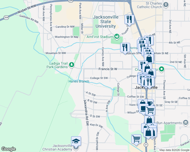 map of restaurants, bars, coffee shops, grocery stores, and more near 301 Madison Avenue Southwest in Jacksonville